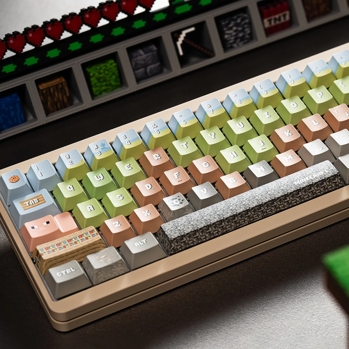 A collection of durable PBT Minecraft pixel art keycaps set displayed from various angles, featuring iconic green block-building game designs for a nostalgic design.