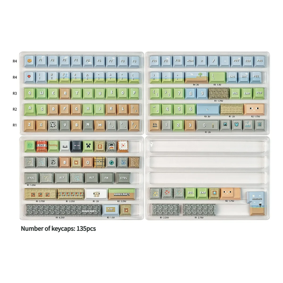 Gallery view of durable PBT Minecraft pixel art keycaps set, showcasing the iconic green block designs from various angles, perfect for nostalgic gamers.