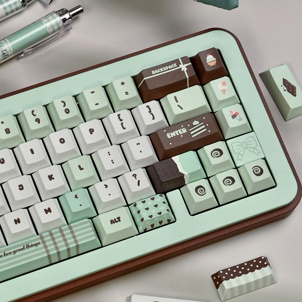 Mint dessert PBT dye-sub keycaps set gallery. Sweet pastel mint green and cream with charming dessert motifs, shown from various playful angles.