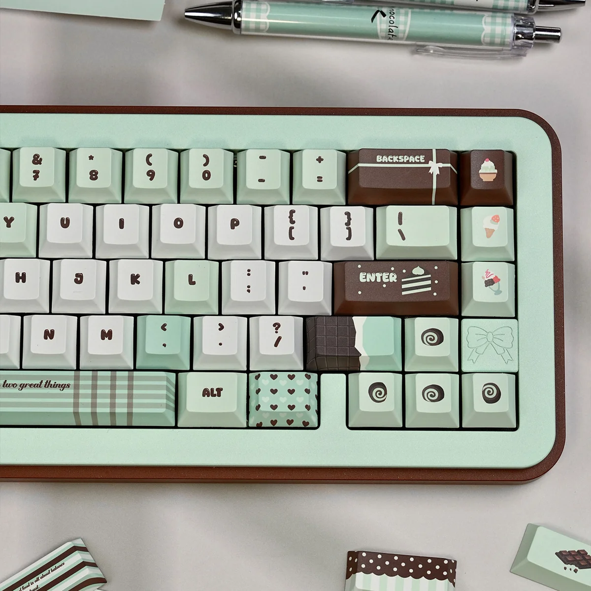 Sweet Mint Dessert Keycaps Set PBT dye-sub set from various angles, showcasing refreshing pastel mint green, cream, and charming dessert motifs.