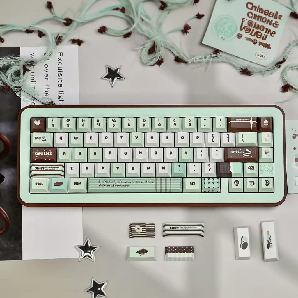 Playful mint dessert keycaps set showcasing vibrant pastel green and cream colors with charming dessert motifs, highlighting durable PBT dye-sublimation.