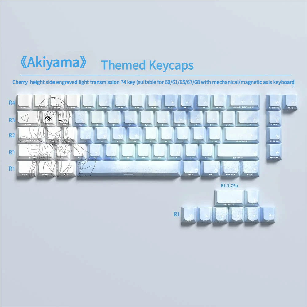 Mio Akiyama K-On! 74-key side-lit PBT keycaps set, perfect for 60/68 keyboards, featuring vibrant character art and glowing legends.