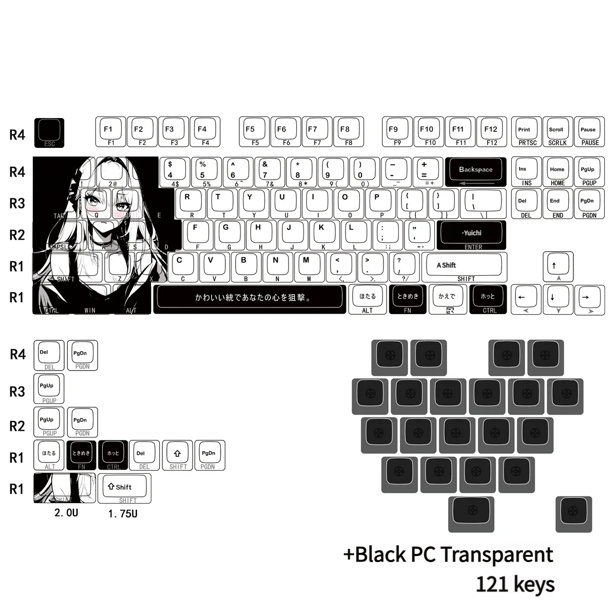 A 121-key custom Miyu PBT keycap set showcasing whimsical side-printed characters and striking black translucent heart accents for an artistic keyboard set.