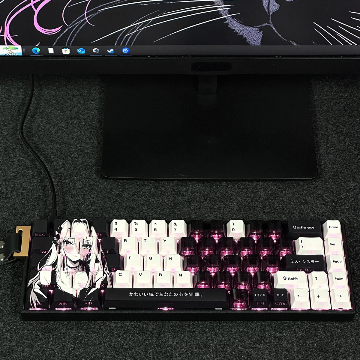 Gallery view of whimsical Miyu character custom PBT keycaps set, showcasing side-printed legends and enchanting translucent heart accents from multiple angles.