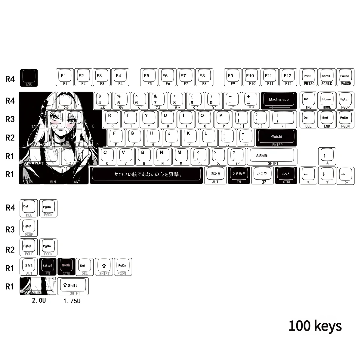 Whimsical Miyu character side-printed PBT keycaps gallery, featuring original character art, clean legends, and enchanting translucent heart accents.