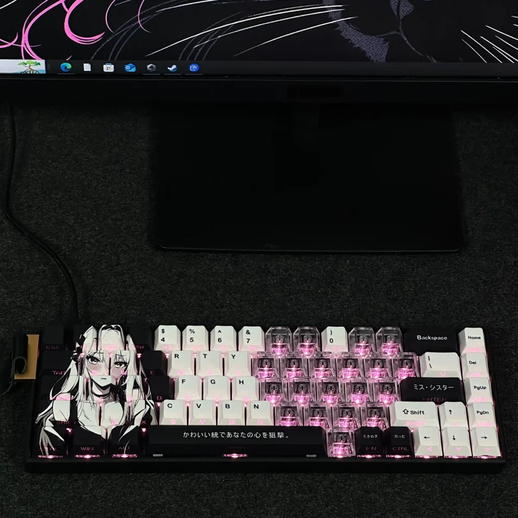Artistic Miyu custom PBT keycaps set featuring whimsical original characters, crisp side-printed legends, and charming translucent heart details.