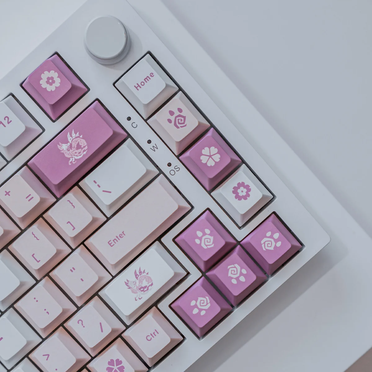 Multiple angles of premium Monster Hunter PBT keycaps set, showcasing vibrant dye-sublimated iconic creatures, weapons, and symbols for an immersive gaming setup.