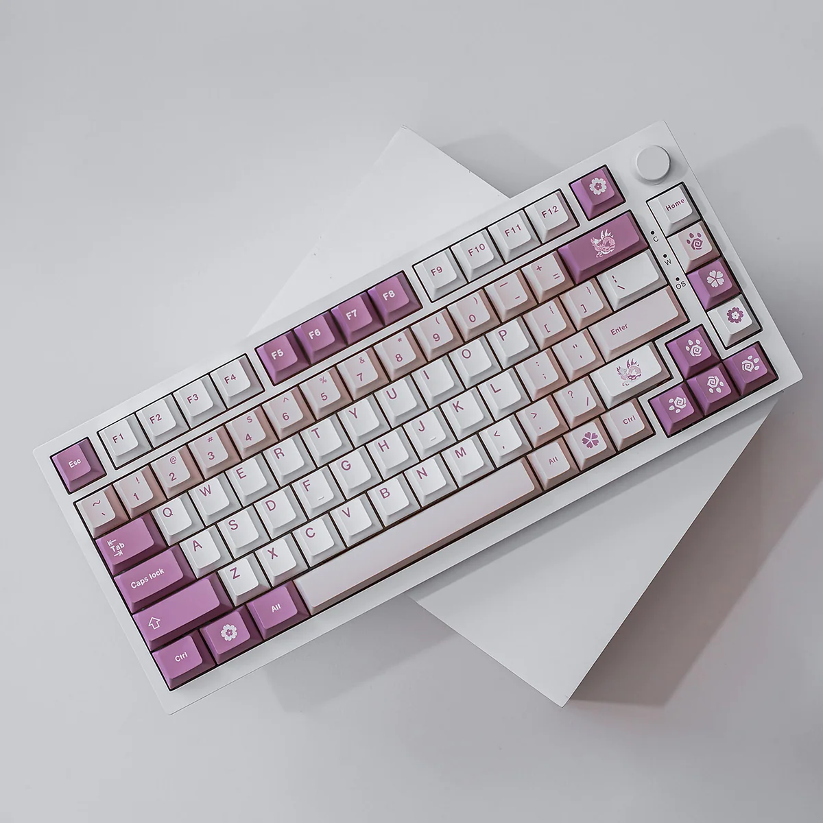 Premium Monster Hunter PBT keycaps set, dye-sublimated with iconic creatures and weapons, displayed from multiple angles for an immersive gaming experience.