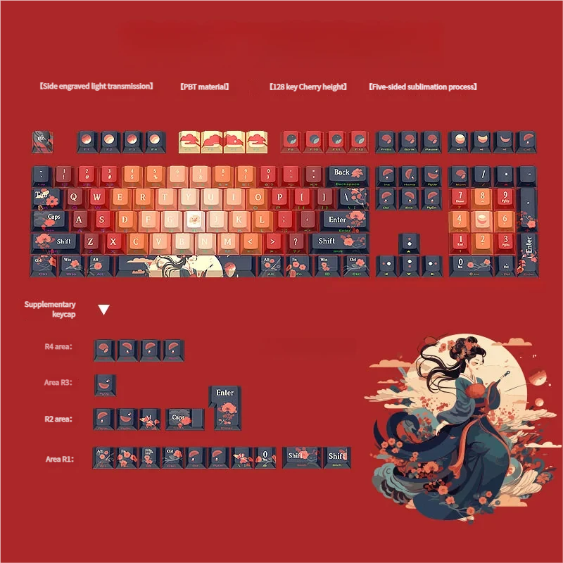 A gallery of Moonlit Floral keycaps set from various angles, showcasing the luminous side-engraved legends and delicate cherry blossom art inspired.