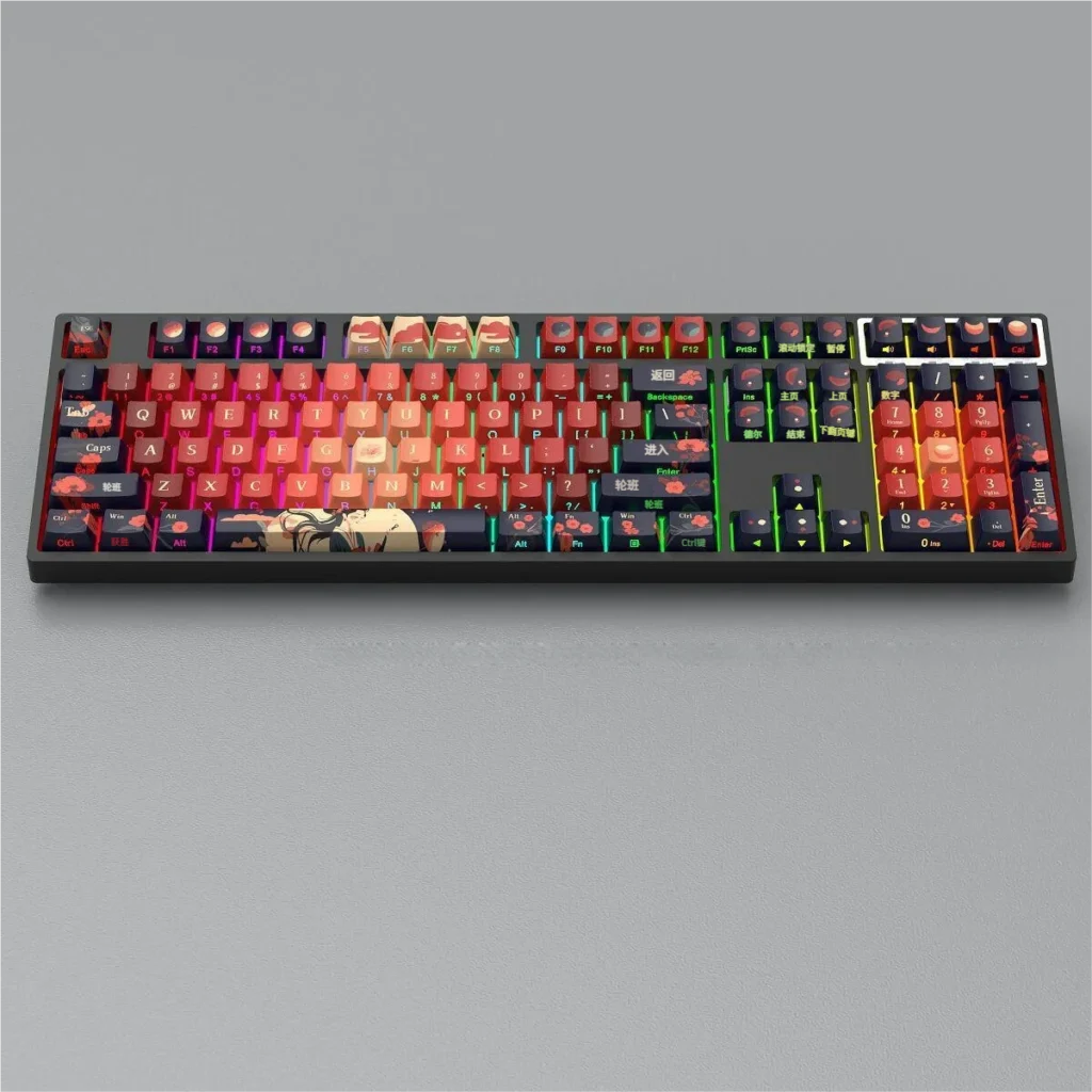 Close-up of Moonlit Floral Keycap Set, showcasing luminous side-engraved legends with delicate cherry blossom art, evoking a serene night garden.