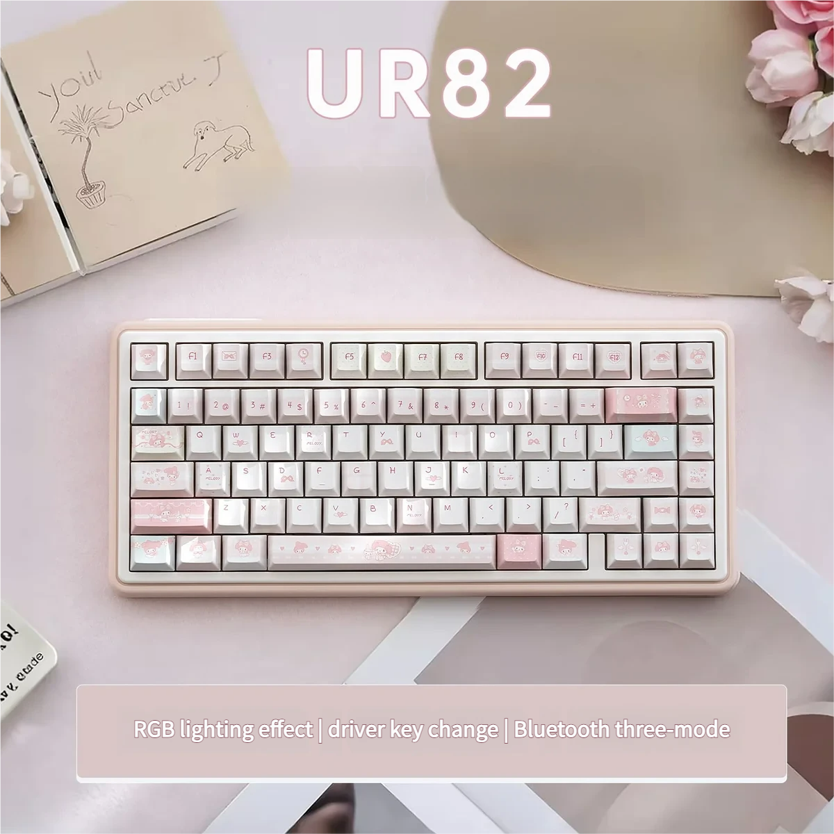 Cute My Melody mechanical keyboard in pastel pink, featuring smooth Snow Fluff linear switches for a silent, tri-mode, and delightful typing experience.