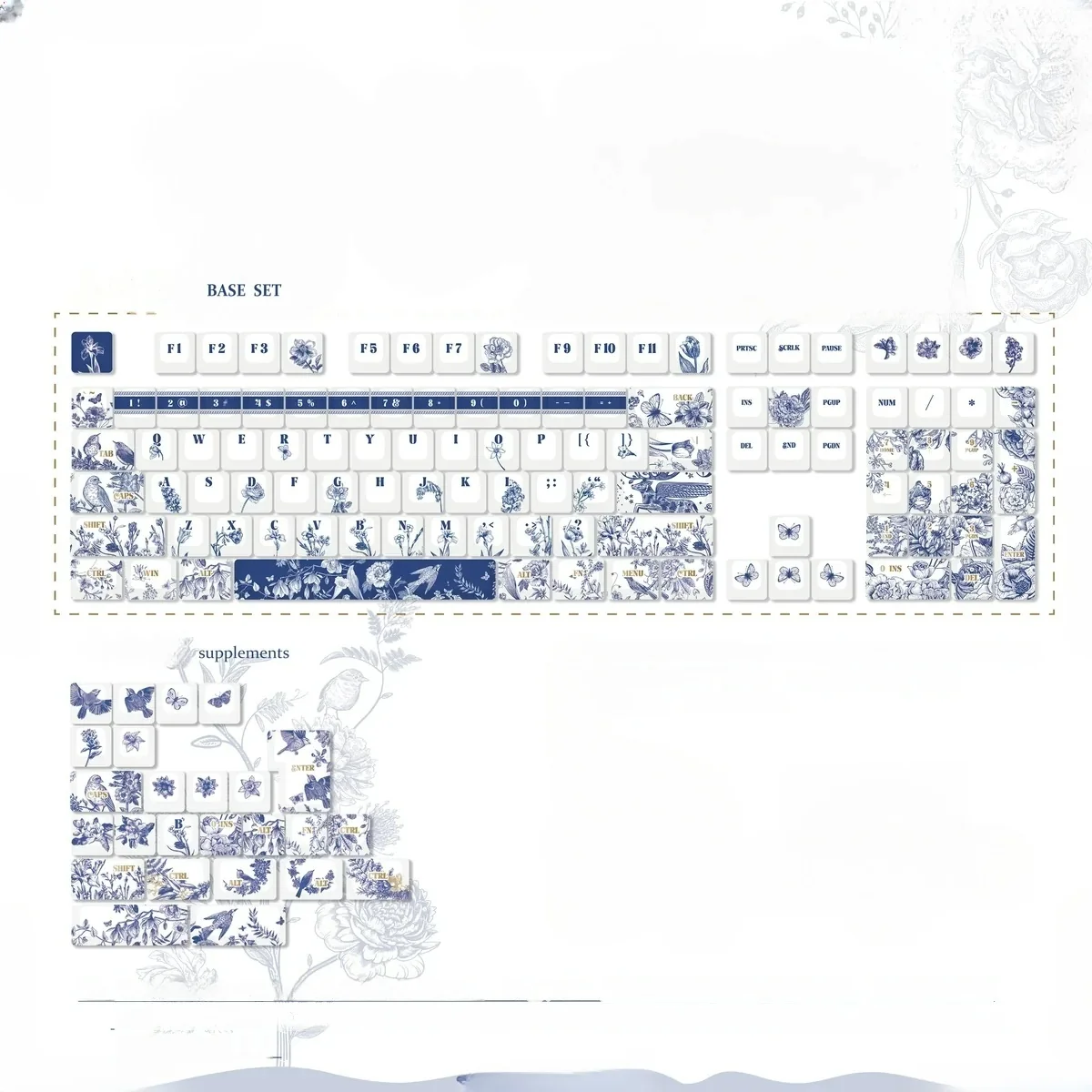 Close-up of Mysterious Garden keycaps, revealing detailed flora and traditional motifs on PBT material.