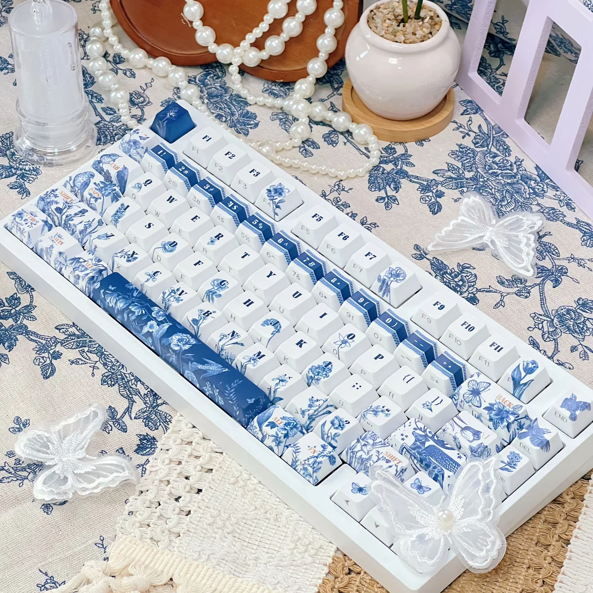 120-key Cherry profile Mysterious Garden PBT keycaps arranged, displaying full set of dye-sublimated ancient flora.