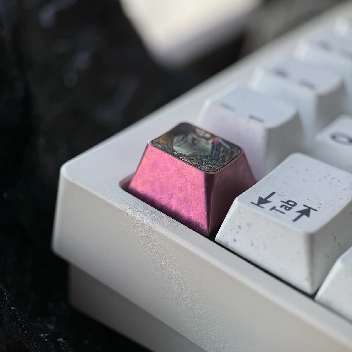 Detailed views of the handcrafted Nezuko Titanium Demon Slayer ESC keycap, highlighting premium artisan finish, iconic colors, and durable titanium.