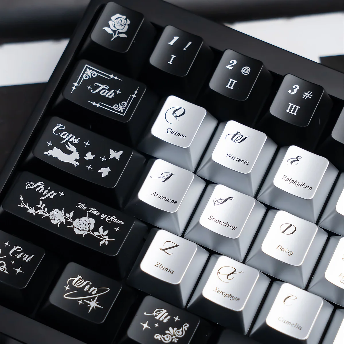 Explore the Night Butterfly Iridescent PC Keycap Set from multiple angles, revealing its luxurious pearlescent metallic finish and deep, shimmering hues.