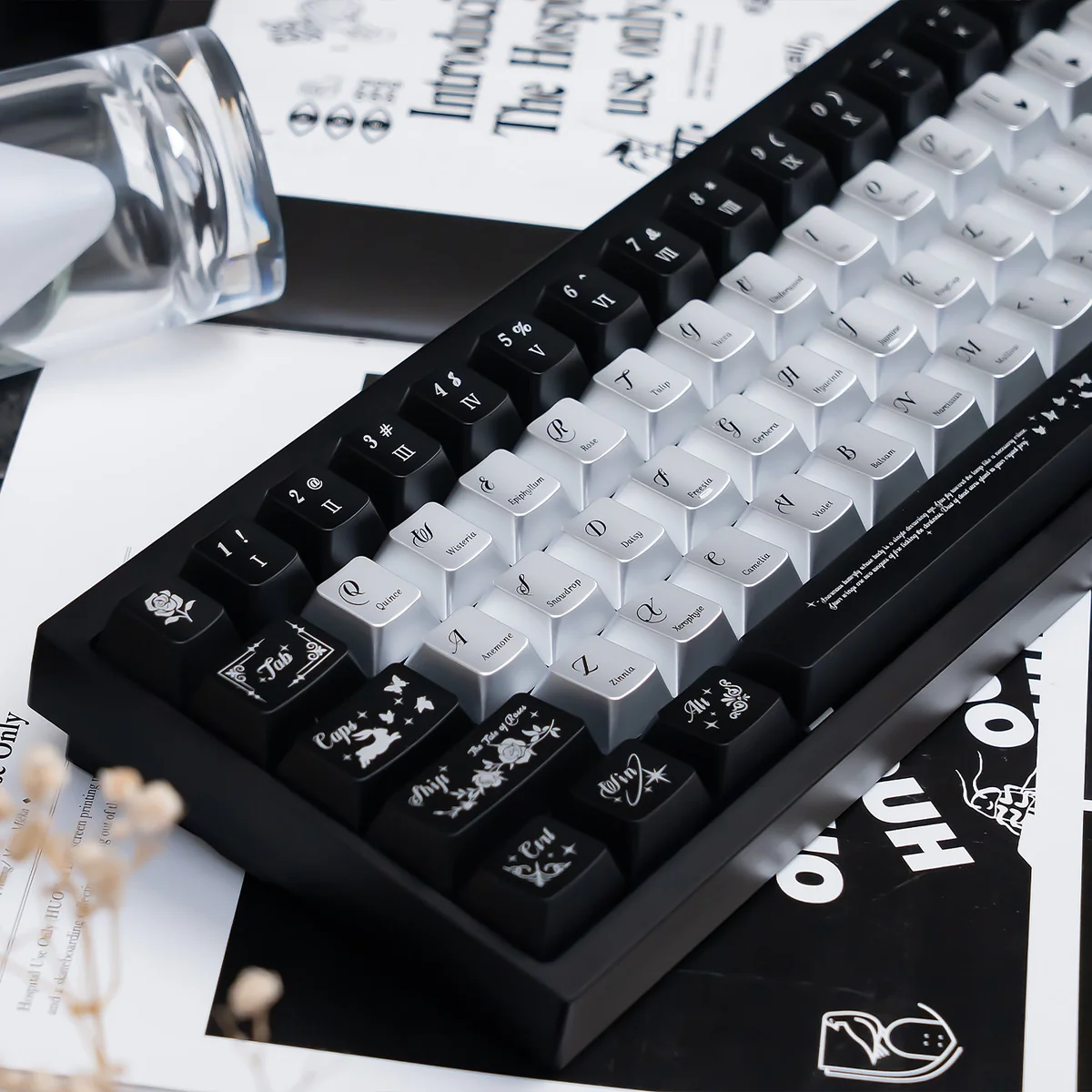 Night Butterfly iridescent PC keycap set with luxurious pearlescent metallic sheen, deep shimmering hues, and nocturnal elegance.