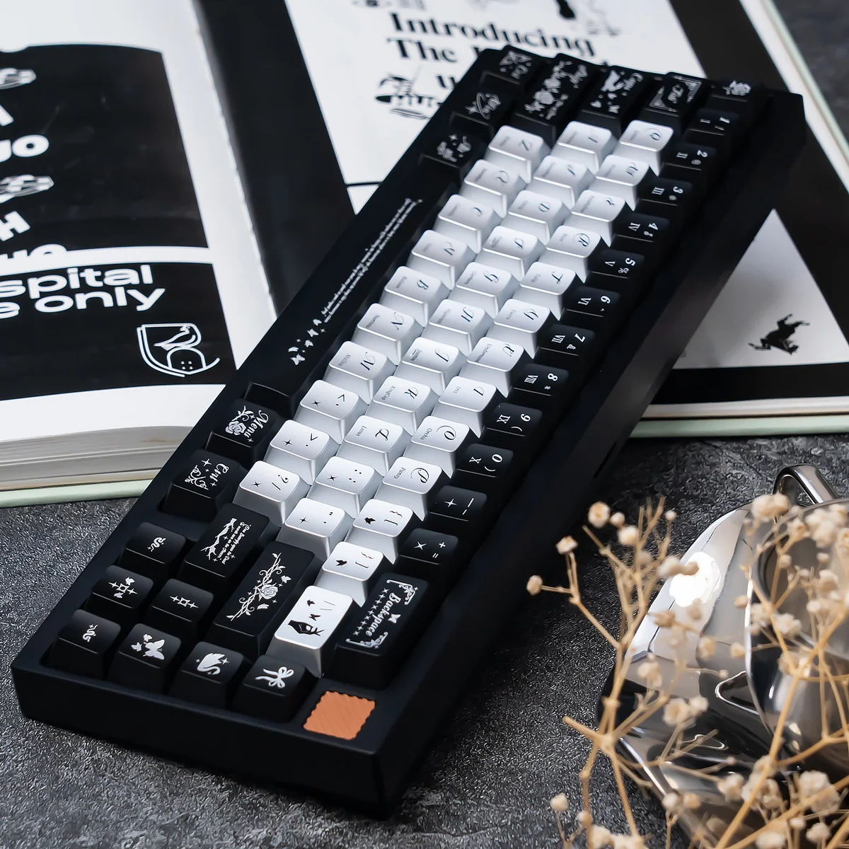 A collection of Night Butterfly Iridescent PC Keycaps set from various angles, showcasing their shimmering pearlescent metallic finish and deep, elegant hues.