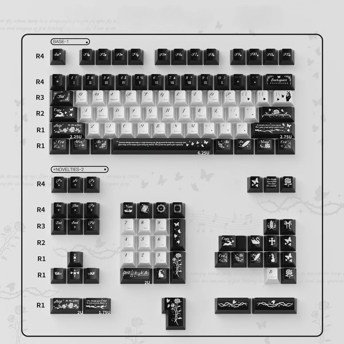 A gallery of Night Butterfly Iridescent PC Keycap Set, showcasing their deep, shimmering pearlescent metallic finish from various artistic angles
