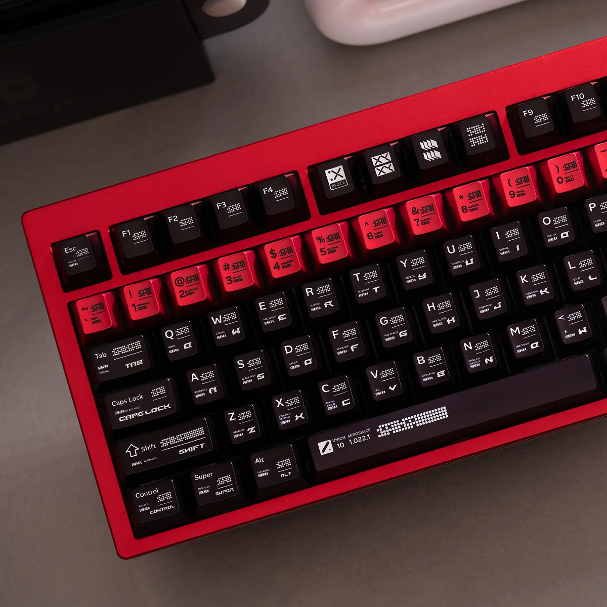 Premium Parameterization PBT keycap set showcasing its unique geometric patterns and brushed finish from multiple angles, highlighting its modern industrial design.