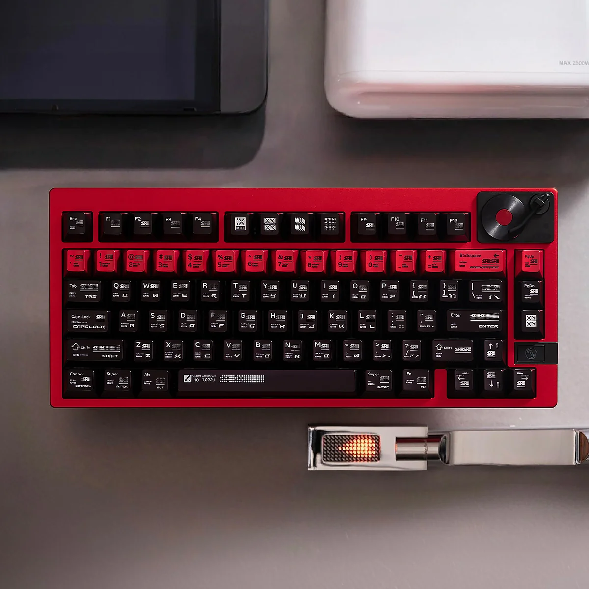 A unique Parameterization PBT keycap set showcasing intricate geometric patterns and a sleek brushed finish, embodying modern industrial design.