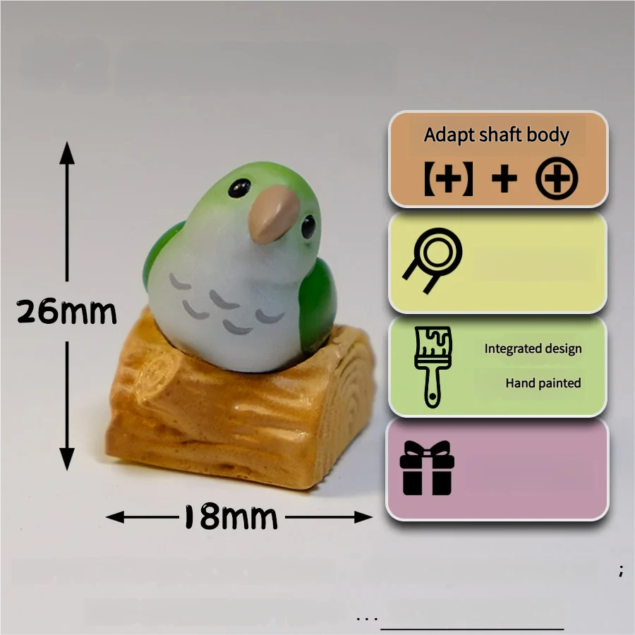 Vibrant hand-sculpted Monk Parrot artisan keycap for keyboard art, shown from a fresh angle. Highlights whimsical 3D details and charming natural color.