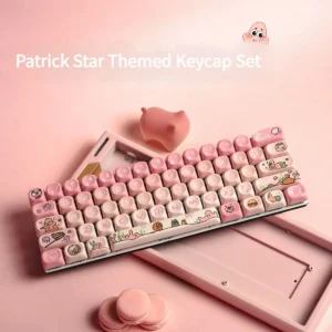 Whimsical Patrick Star PBT MOA keycaps set for mechanical keyboards, featuring vibrant pink, iconic Patrick designs, and an ergonomic MOA profile for your keyboard.