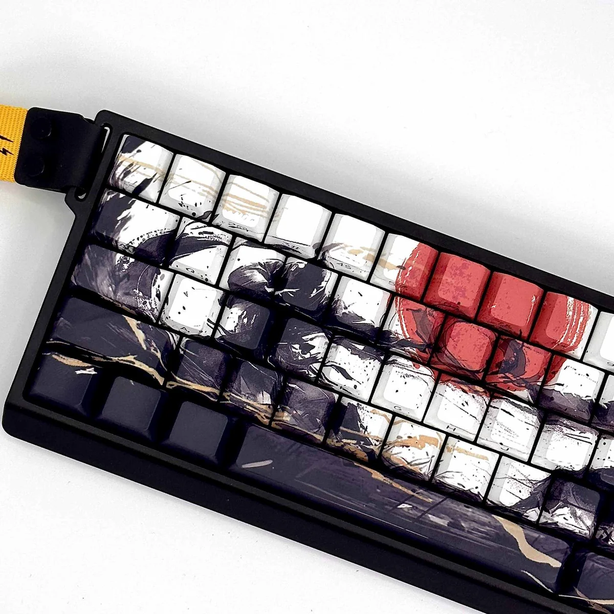 Sunset War side-printed PBT keycap set. Durable PBT, vibrant dye-sublimated graphics, battle-worn aesthetic, dramatic sunset hues. Multiple angles.