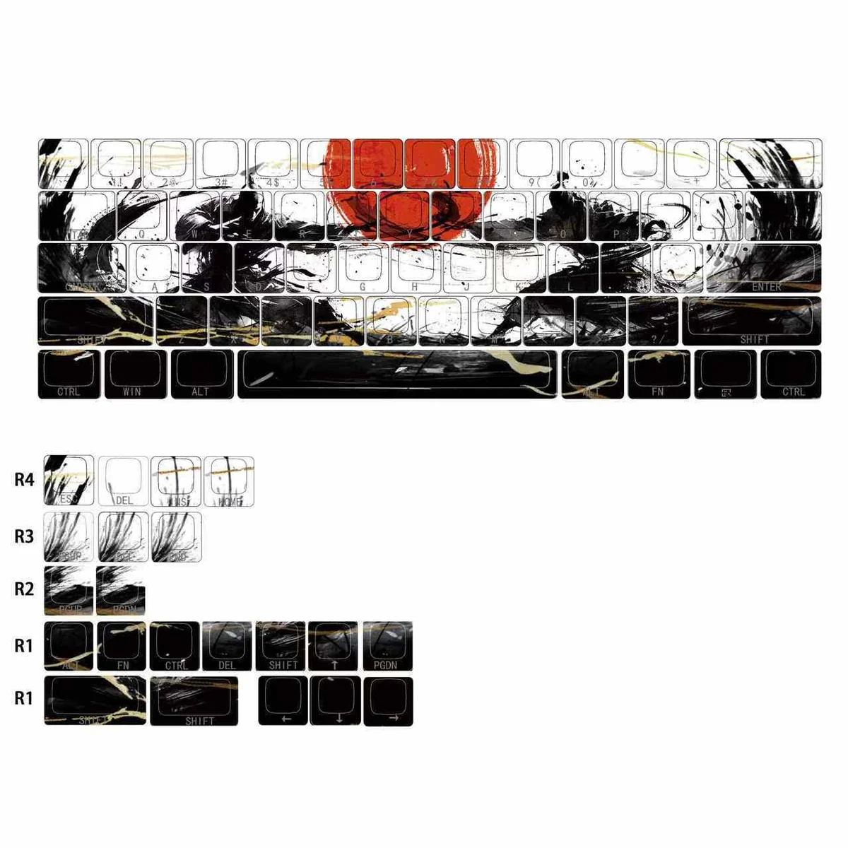 Sunset War Side-Printed PBT Keycap Set. Durable PBT keycaps with vibrant 'Sunset War' graphics, clean legends. Battle-worn aesthetic, sunset hues.