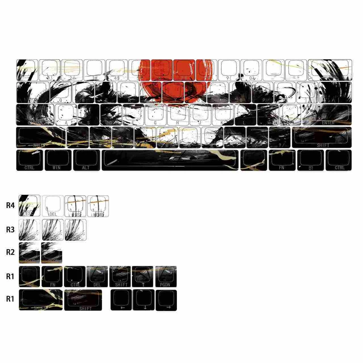 Vibrant 81-key Sunset War PBT keycap set, featuring durable side-printed legends with dramatic sunset hues, compatible with 60-68% layouts.