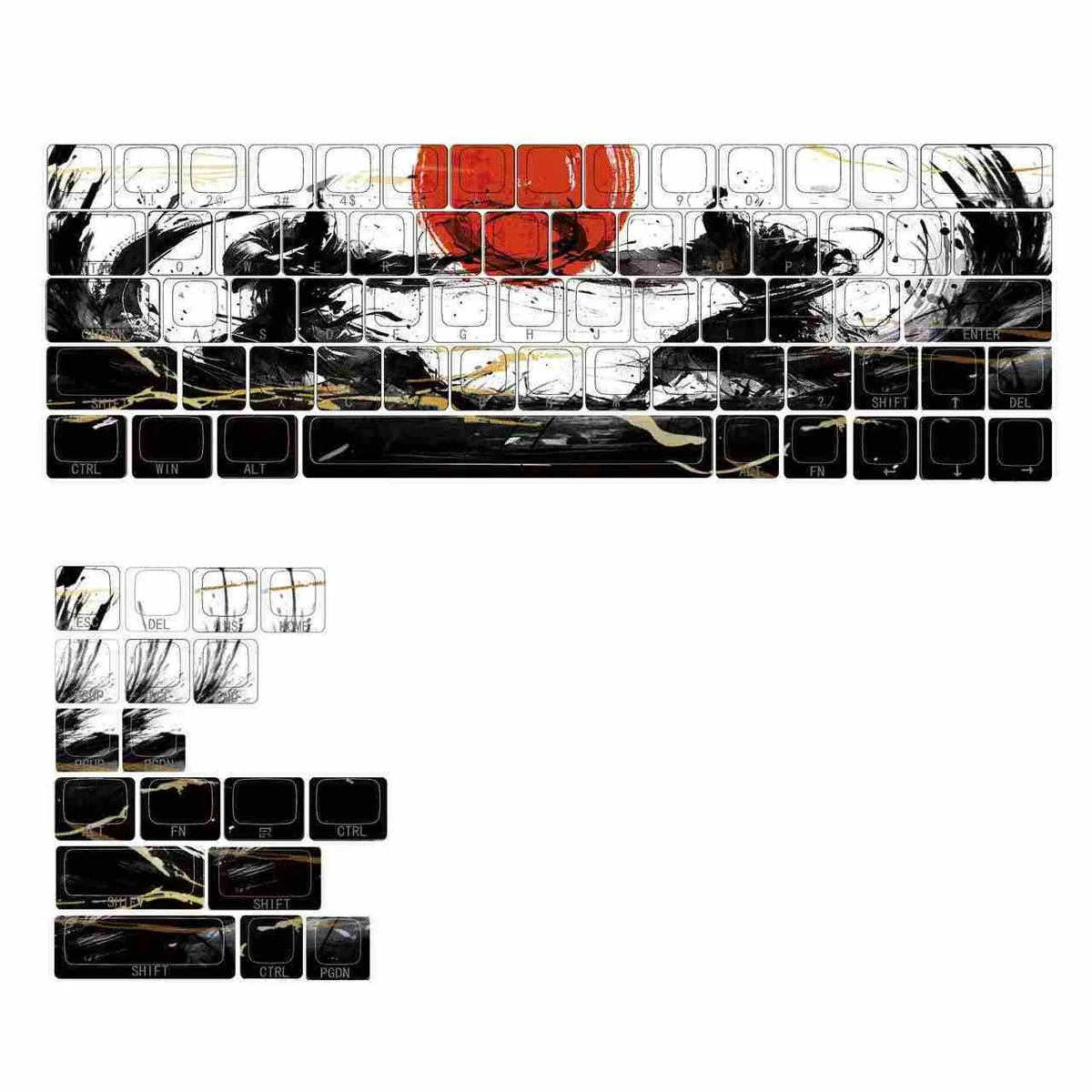 Vibrant Sunset War 82-key PBT keycap set for 63/64/66 keyboards, with durable side-printed legends depicting dramatic, battle-worn sunset hues.