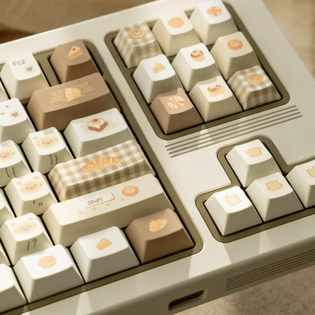 Artistic close-ups of the premium Bakehouse Cherry Keycap Set, revealing their warm, golden tones and clean, minimalist legends from diversion setup.