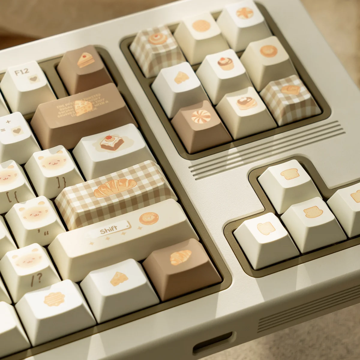 Artistic close-ups of the premium Bakehouse Cherry Keycap Set, revealing their warm, golden tones and clean, minimalist legends from diversion setup.