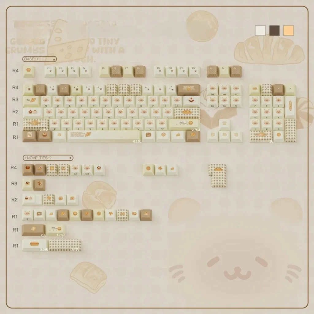 Unique Bakehouse Cherry Keycap Set. Warm, toasted hues and crisp legends are visible, perfect for premium mechanical keyboards.