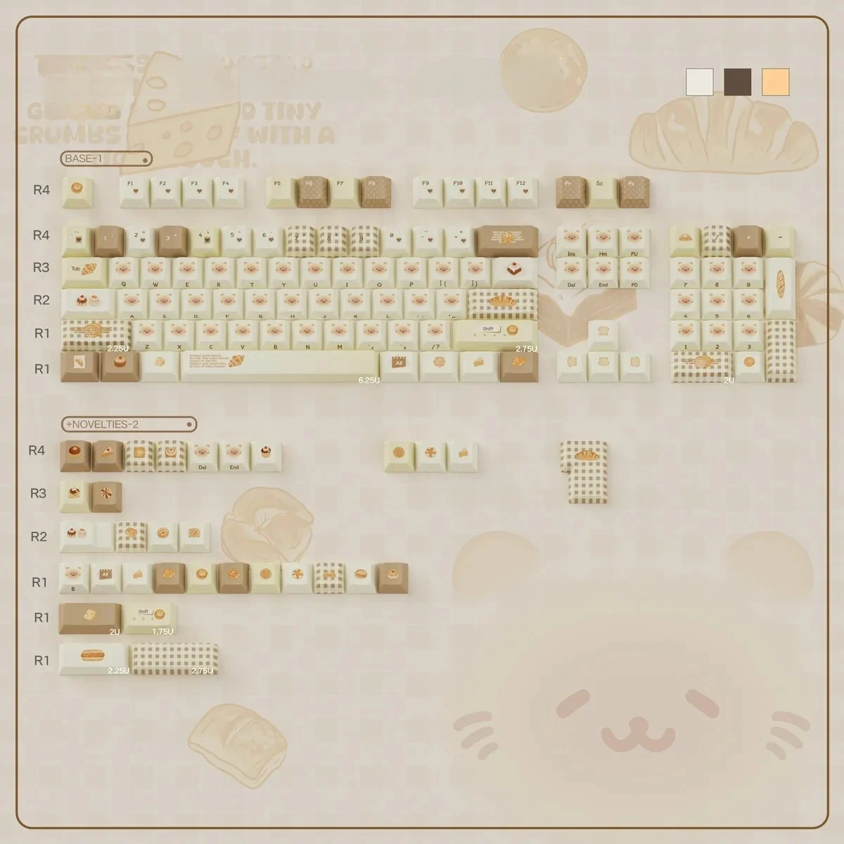 Unique Bakehouse Cherry Keycap Set. Warm, toasted hues and crisp legends are visible, perfect for premium mechanical keyboards.