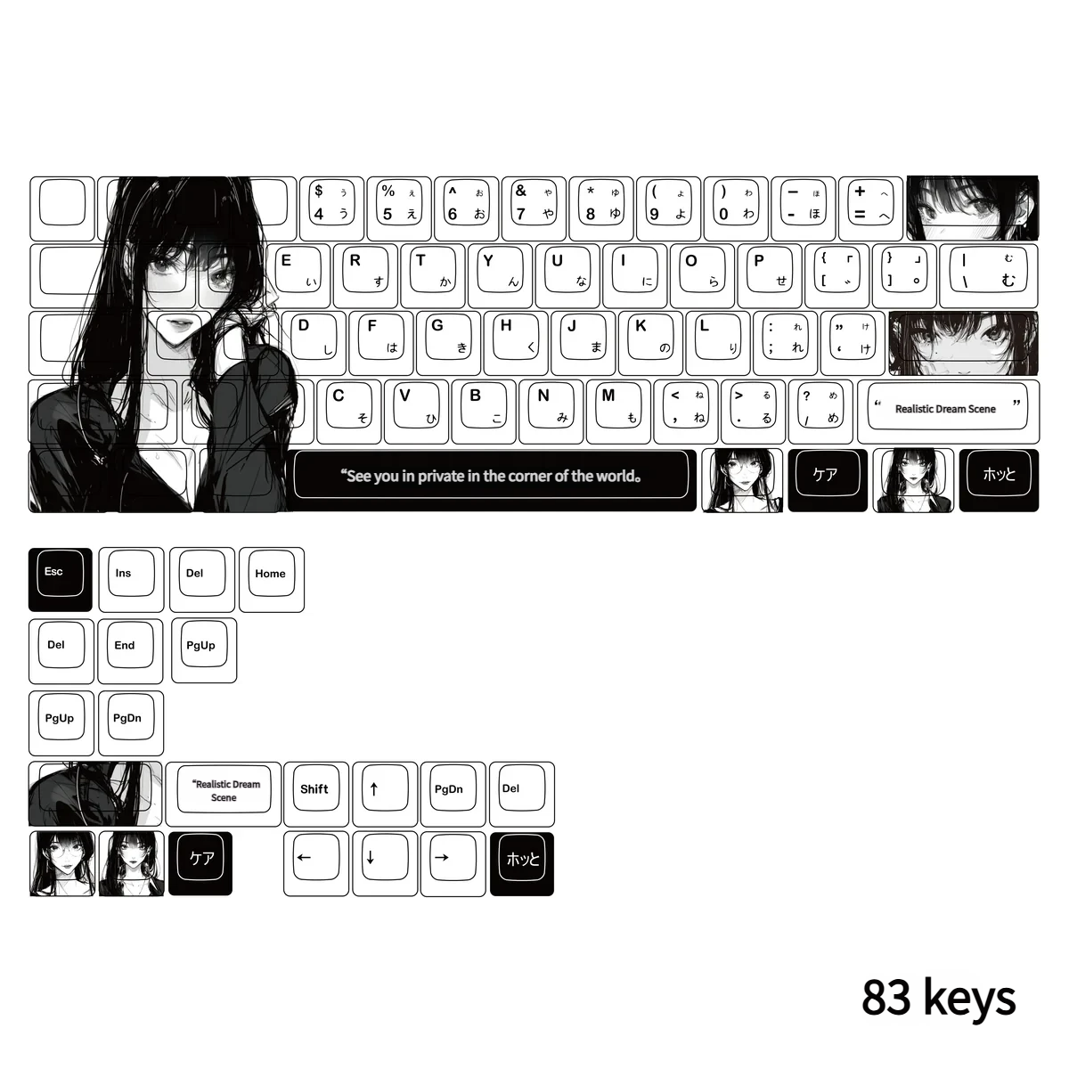 Whimsical Nai Cherry Keycap Set from multiple angles, displaying vibrant dye-sub character designs. Durable PBT ensures a high-quality, cohesive artistic design.