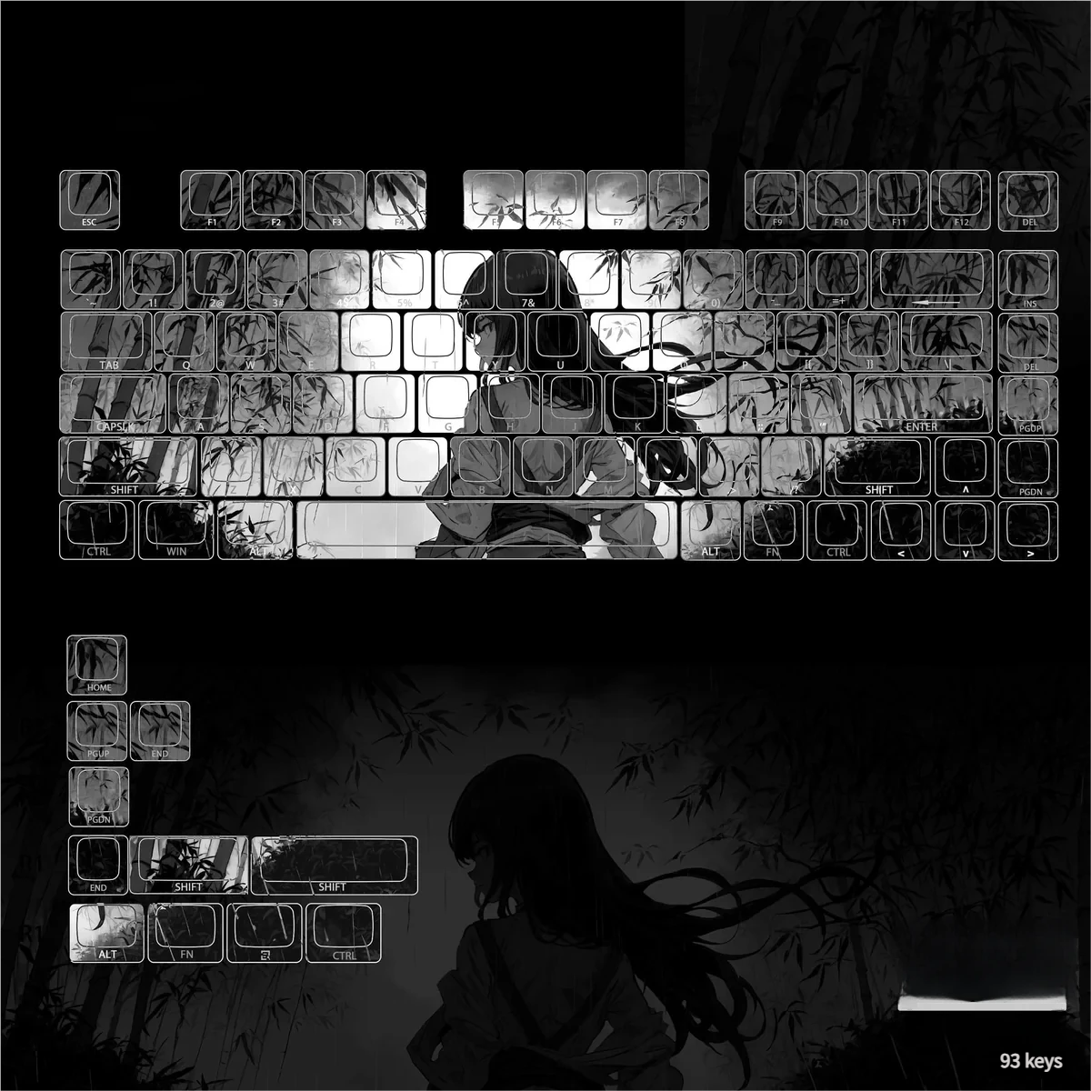 A gallery view of Serene Bamboo PBT Shine-Through Keycaps Set, showcasing the unique side-shine PBT and intricate East Asian bamboo art from multiple angles.