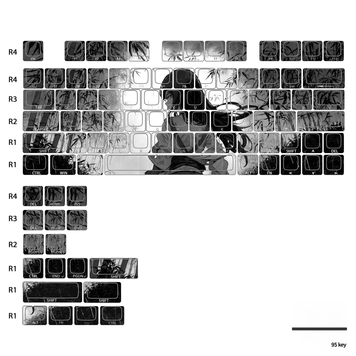 A 95-key set of Serene Bamboo PBT side-shine keycaps set featuring the 'Bamboo Rain' design with subtle East Asian art and unique side-engraved shine-through design.