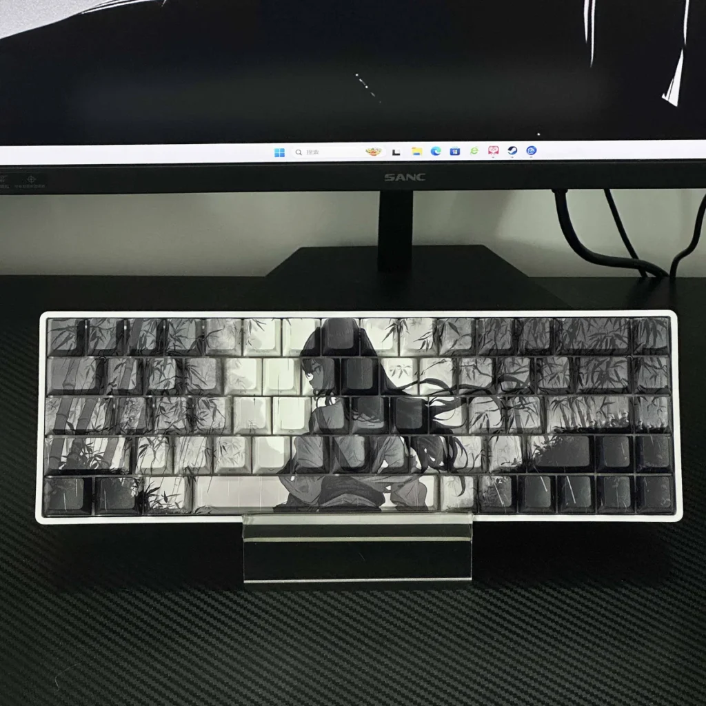 Serene Bamboo PBT Shine-Through Keycaps Set with unique side-shine, showcasing original East Asian bamboo art and subtle character illustrations.