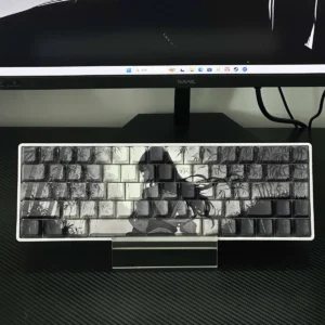 Serene Bamboo PBT Shine-Through Keycaps Set with unique side-shine, showcasing original East Asian bamboo art and subtle character illustrations.