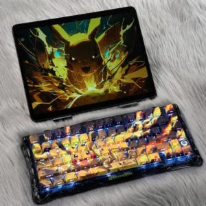Iconic Pikachu PBT backlit keycaps set in vibrant yellow, featuring luminous side-engraved legends for a playful touch.