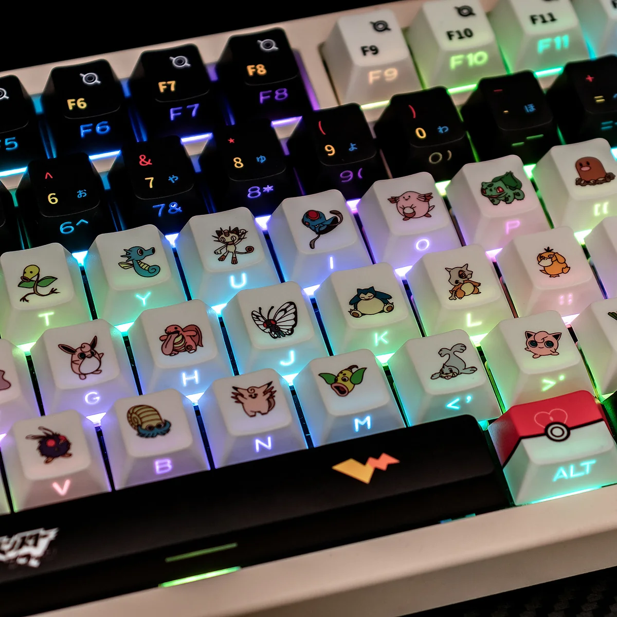 Premium Characters keycap set close-up from an artistic angle, highlighting its vibrant side-lit RGB glow and iconic translucent design illuminated by keyboard.