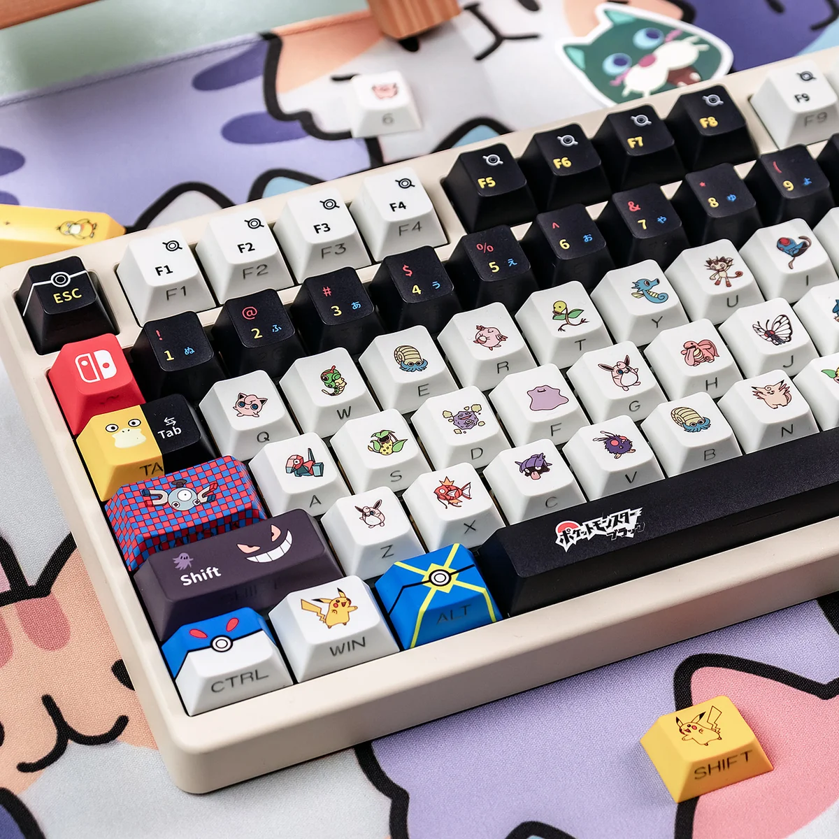 Dynamic shot of the Characters keycap set, glowing intensely with vibrant side-lit RGB, revealing the intricate translucent Pikachu art and superior craftsmanship.