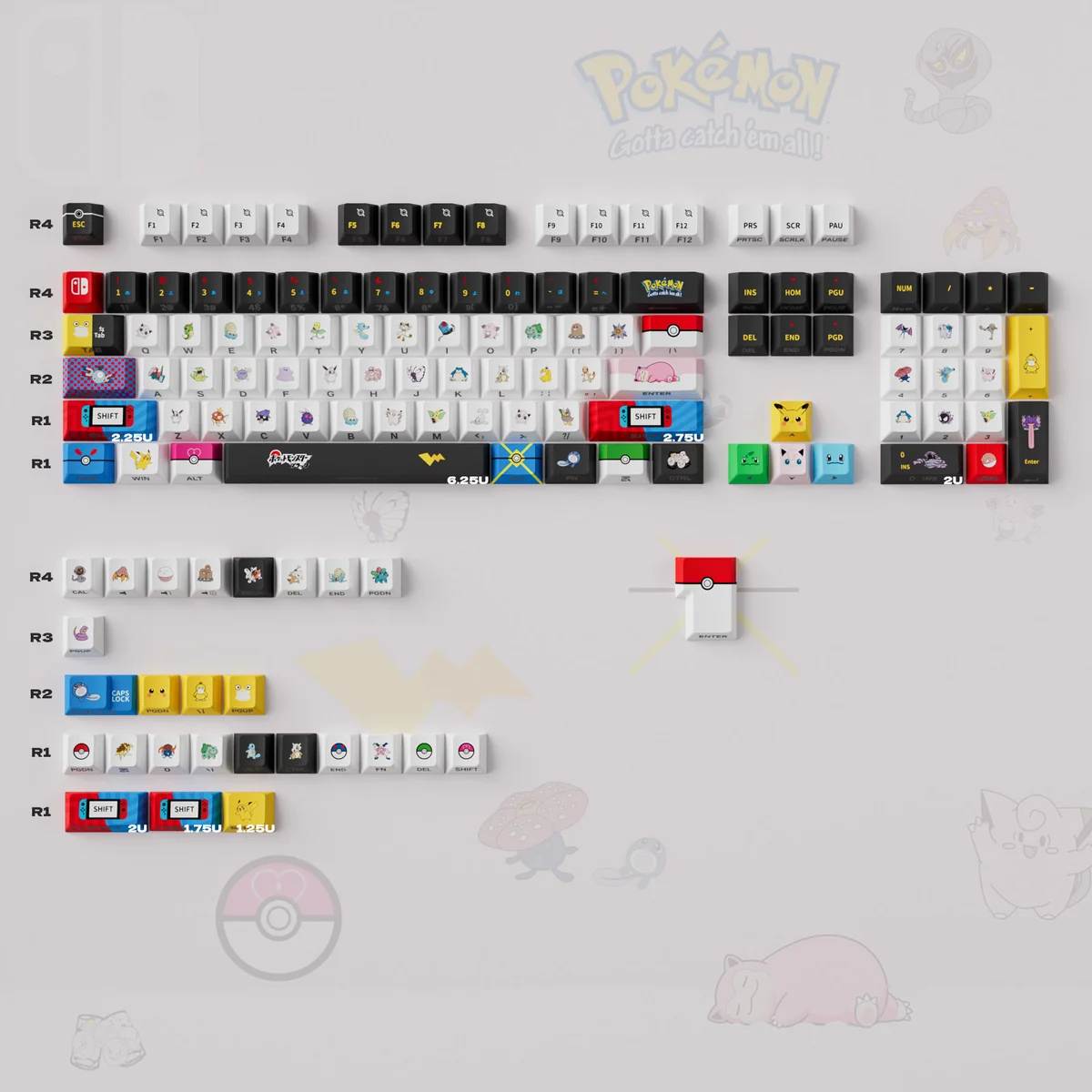 A playful Characters keycap set showcasing its iconic art from multiple angles, featuring translucent side-lit engravings that glow vibrantly with RGB keyboard.