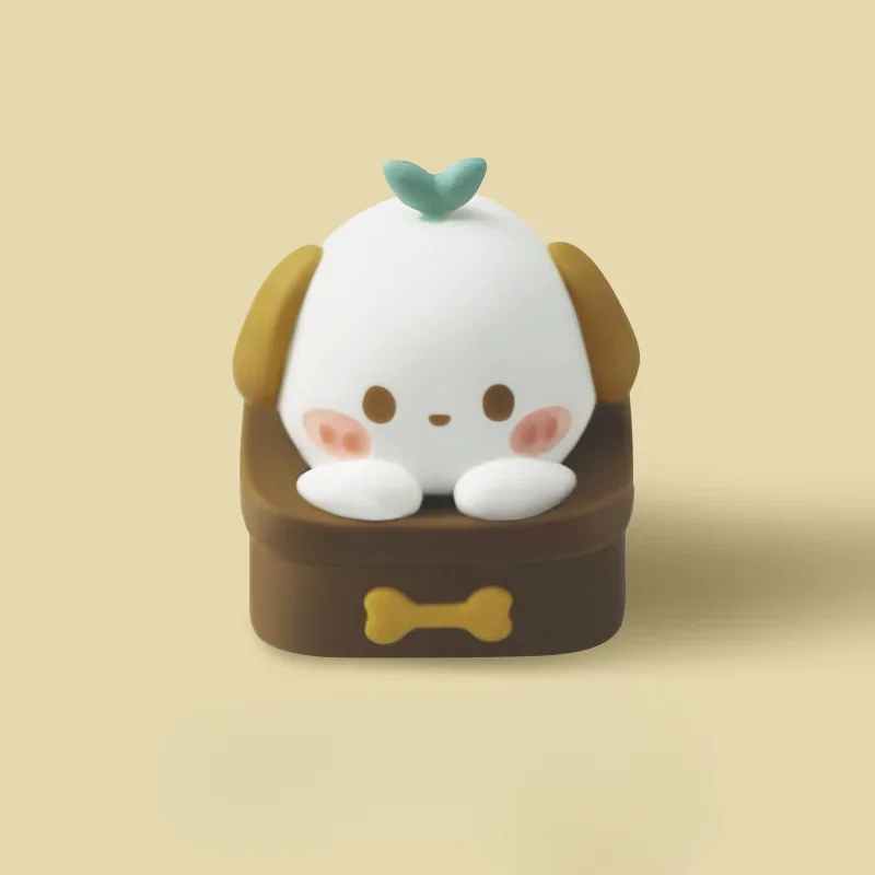 Detailed close-up of the handcrafted resin Potted Puppy Artisan Keycap, showcasing its charming miniature design and intricate layered details.