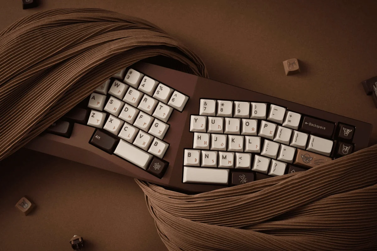 Full set of mythology themed mechanical keyboard caps, featuring intricate Viking designs.