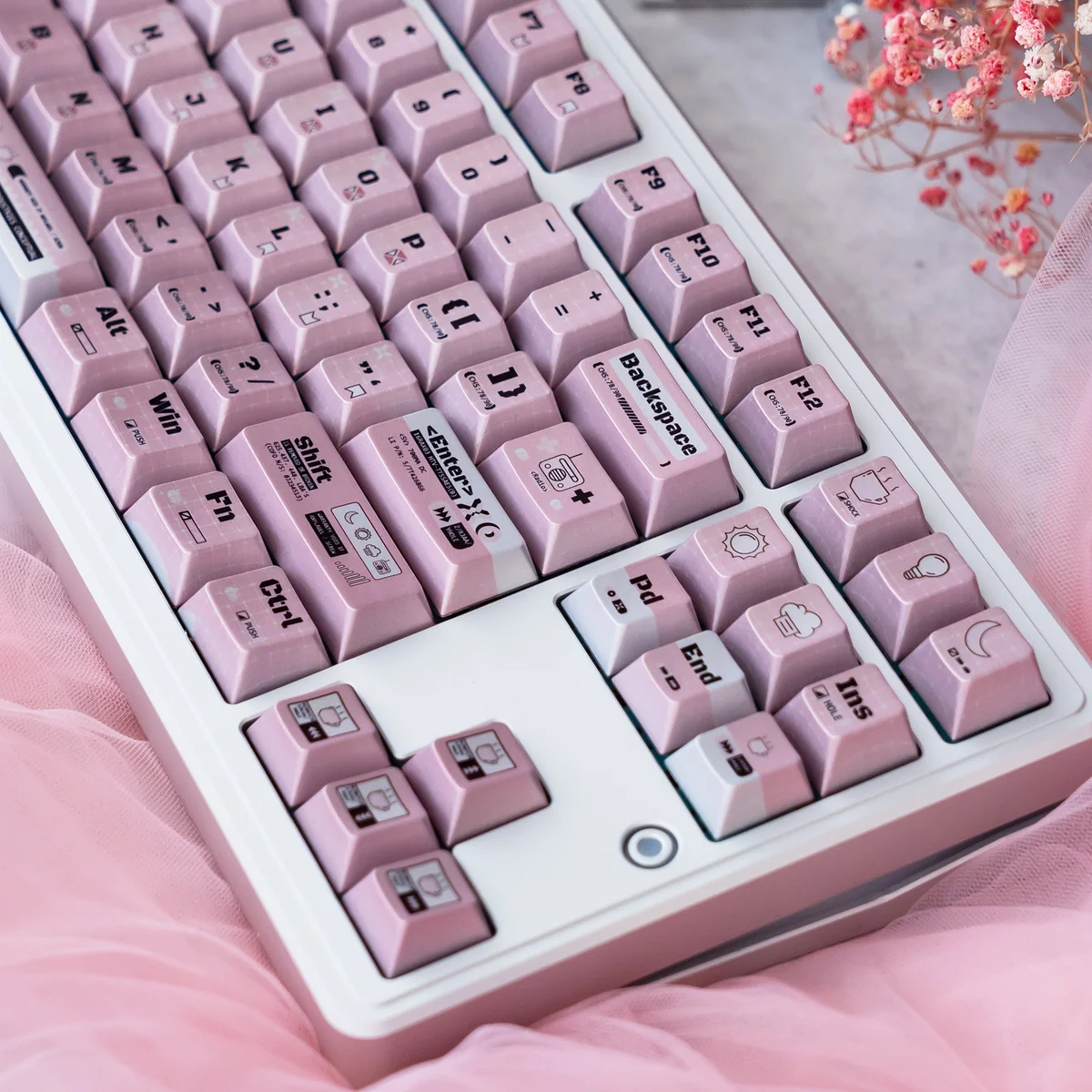 Charming Programmer Keycap Set revealing its whimsical character design and sophisticated pearlescent shimmer from multiple angles, highlighting its premium design.