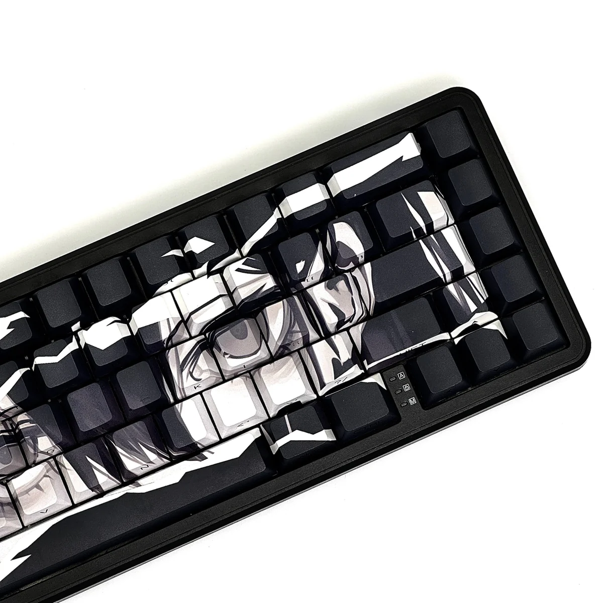 Multiple angles of mystical purple eye PBT keycaps set, showcasing the enigmatic eye motif, translucent side-printed legends, and backlit glow.