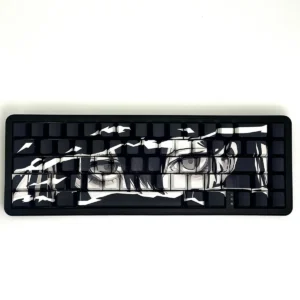 Mystical purple eye PBT keycap set featuring enigmatic side-printed legends, perfectly backlit for an artistic glow.