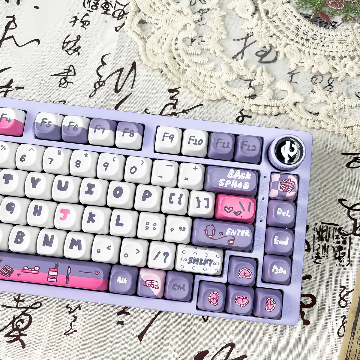 Adorable Rabbit Nurse PBT keycap set displayed from various angles, showcasing whimsical character designs and soft pastel colors for a playful keyboard.
