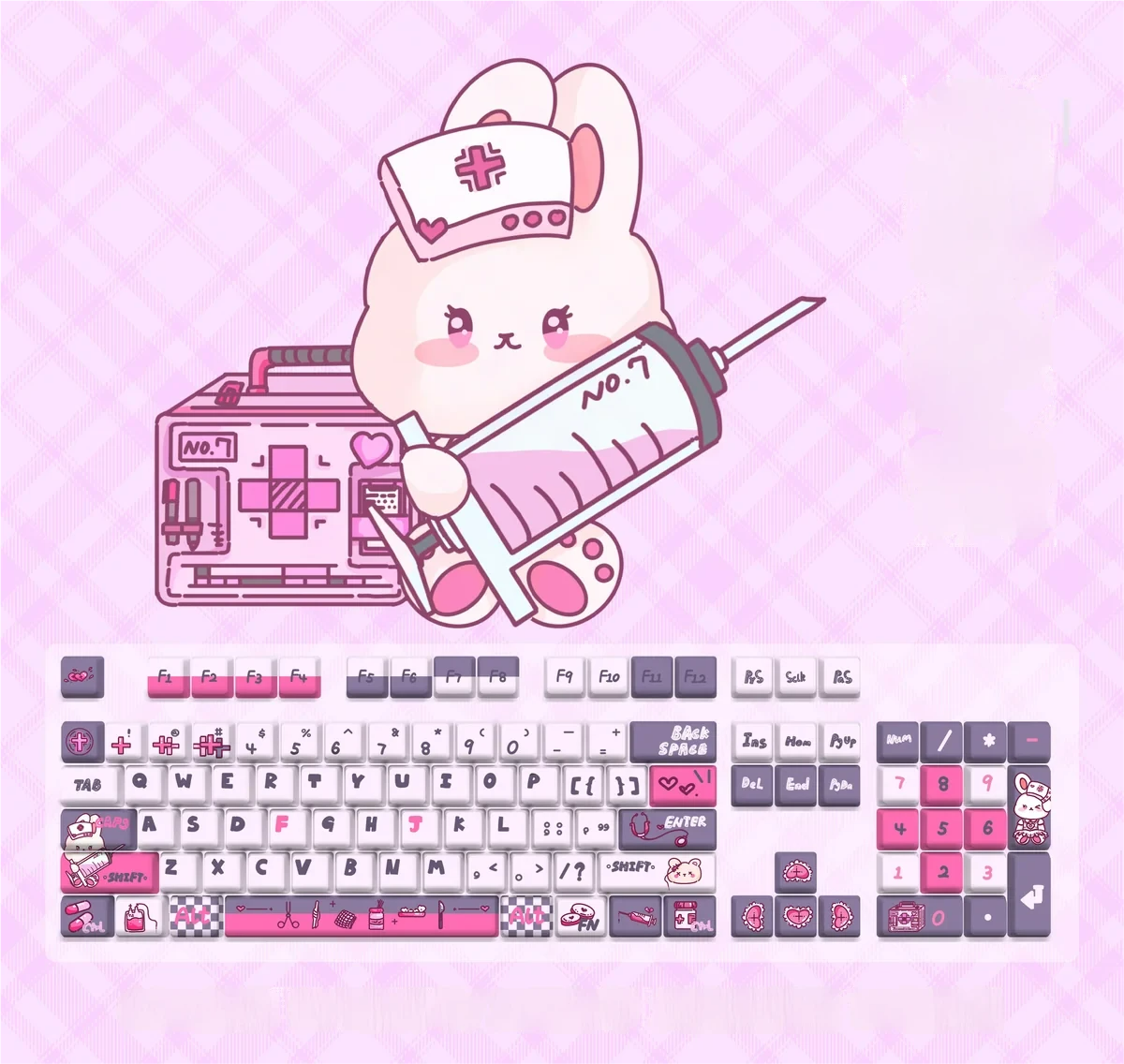 Whimsical Rabbit Nurse PBT keycaps set, an adorable side-lit small full set with original factory profile, perfect for adding playful charm.
